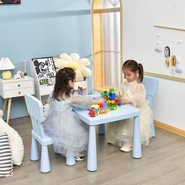 Alt view image 2 of 7 - COSTWAY 3-Piece Kids Table and Chairs Set, Lightweight Plastic Children Activity Center for Reading, Writing, Painting, Snack Time, Kids Furniture Art Study Desk & Chairs Set for Ages 1-7 (Blue)
