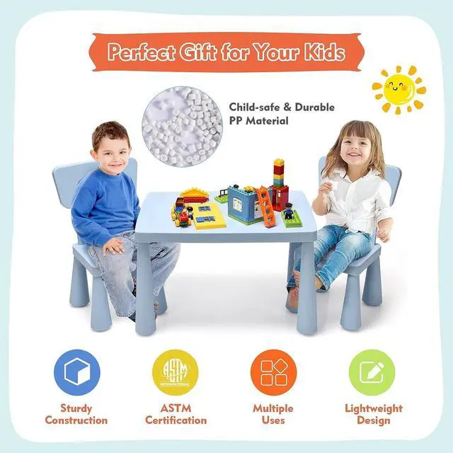 Alt view image 3 of 7 - COSTWAY 3-Piece Kids Table and Chairs Set, Lightweight Plastic Children Activity Center for Reading, Writing, Painting, Snack Time, Kids Furniture Art Study Desk & Chairs Set for Ages 1-7 (Blue)