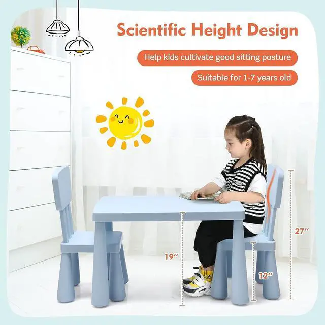 Alt view image 5 of 7 - COSTWAY 3-Piece Kids Table and Chairs Set, Lightweight Plastic Children Activity Center for Reading, Writing, Painting, Snack Time, Kids Furniture Art Study Desk & Chairs Set for Ages 1-7 (Blue)