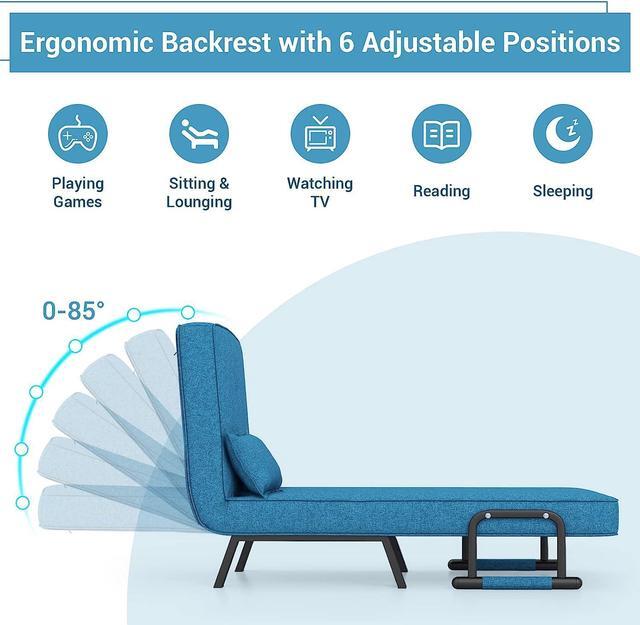 Alt view image 5 of 7 - KOMFOTT Convertible Sleeper Chair Bed, 4-in-1 Folding Sofa Bed with 6-Position Adjustable Backrest, Upholstered Chaise Lounge with Removable Pillow, Leisure Recliner Lounge Couch for Home Office