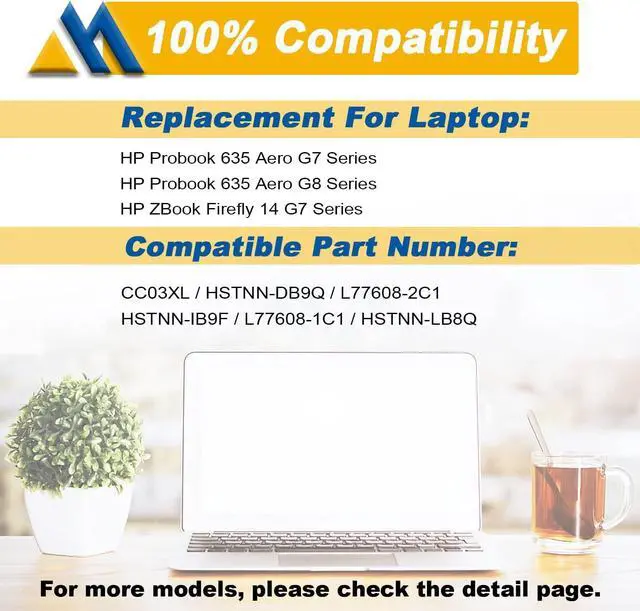 Alt view image 6 of 7 - Mobik CC03XL 53Wh Replacement Laptop Battery for HP ZBook Firefly 14 G7 G8 EliteBook 830 835 840 845 G7 G8 Probook 635 Aero G7 G8 Series HSTNN-DB9Q L77608-2C1 L77608-421 L78555-005 CC03053XL-PL 11.55V