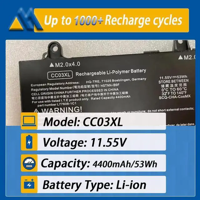 Alt view image 2 of 7 - Mobik CC03XL 53Wh Replacement Laptop Battery for HP ZBook Firefly 14 G7 G8 EliteBook 830 835 840 845 G7 G8 Probook 635 Aero G7 G8 Series HSTNN-DB9Q L77608-2C1 L77608-421 L78555-005 CC03053XL-PL 11.55V