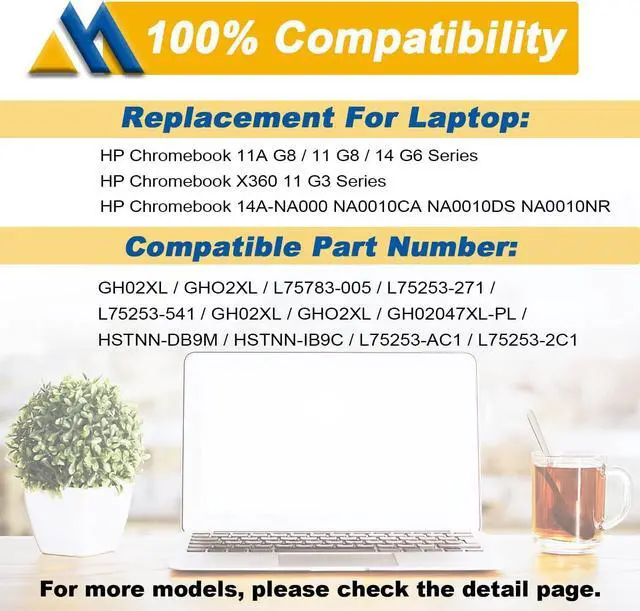 Alt view image 5 of 7 - GH02XL HP Laptop Battery Replacement for HP Chromebook 11A G8 11 G8 14 G6 Chromebook X360 11 G3 NA0010nr NA0010DS NA0010CASeries GHO2XL L75783-005 HSTNN-DB9M L75253-271 L75253-2C1 7.7V 47.3Wh 6000mAh