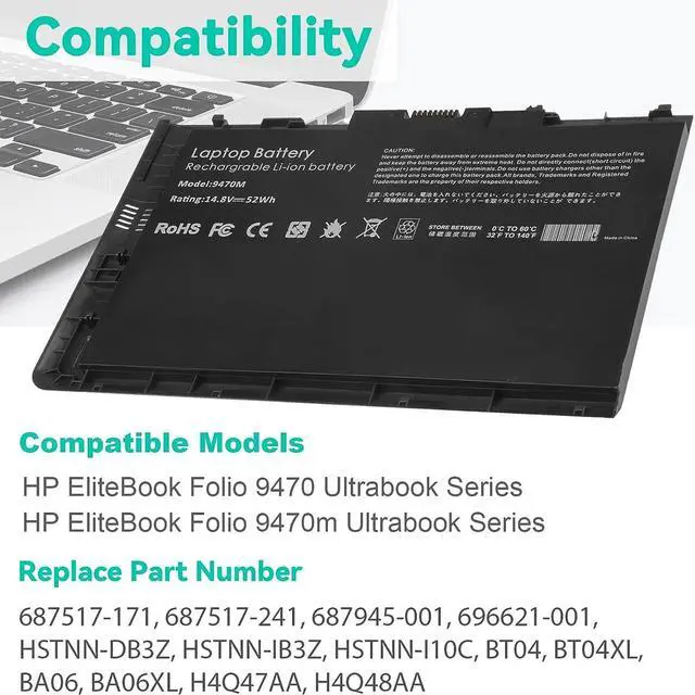Alt view image 5 of 7 - ASUNCELL BT04XL 14.8V 52WH Notebook Battery for HP EliteBook Folio 9470 9470M 9480m Ultrabook BT04 BA06 HSTNN-IB3Z HSTNN-I10C 687945-001 H4Q47AA 687517-241 HSTNN-DB3Z 687517-171 BA06XL H4Q48AA