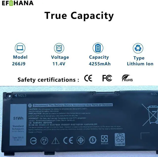 Alt view image 2 of 6 - 266J9 Laptop Battery Replacement for Dell G3 15 3500 3590 3790 G5 15 5500 SE 5505 P89F Inspiron 5490 INS 15PR-1545W 1548BR 1645W 1742BR 1742W Series 0415CG C9VNH 0PN1VN 0M4GWP 11.4V 51Wh 4255mAh 3Cell