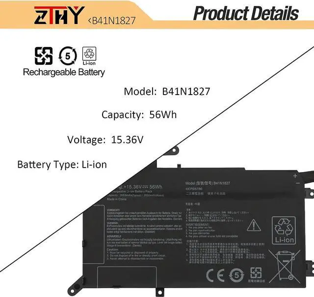 Alt view image 3 of 7 - ZTHY B41N1827 Battery Replacement for Asus ZenBook Flip 15 UX562 UX562F UX562FA UX562IA UX562FD UX562IQ UX562UG Q526 Q526F Q526FA Q526FAC Q507 Q507I Q507IQ UM562 UM562IQ UM562IA B41BmE1 15.36V 56Wh