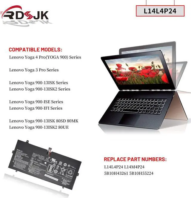 Alt view image 3 of 7 - L14L4P24 L14M4P24 Laptop Battery for Lenovo Yoga 900 900-13ISK 900-131SK 900-13ISK2 900-IFI 900-ISE Yoga 3 Pro 4Pro 4 Pro 900 900-13ISK 80MK 80SD 900-13ISK2 80UE Series 5B10H43261 5B10H55224 7.5V 66Wh