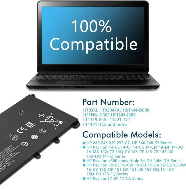 Alt view image 5 of 6 - HT03XL Laptop Battery for HP Pavilion 14-DK 14-DF 14-CF 14-CE 15-da0xxx 15-cs0xxx 15-DB 15-CW 15-CR Series 15-CS0053CL 15-DA0014DX 15-DW0033NR HT03041XL HSTNN-DB8R HSTNN-UB7J L11421-2C2 L11421-542
