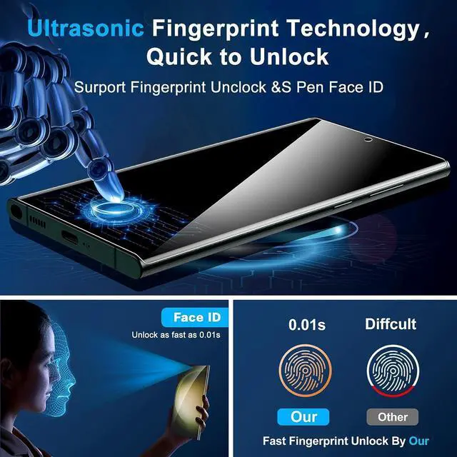 Alt view image 4 of 7 - [2+2 Pack] Glass Privacy Screen Protector for  Galaxy S23 Ultra 5G 9H Tempered Glass Ultrasonic Fingerprint Compatible HD Clear Anti-Spy Film for Galaxy S23 Ultra Glass Screen Protector