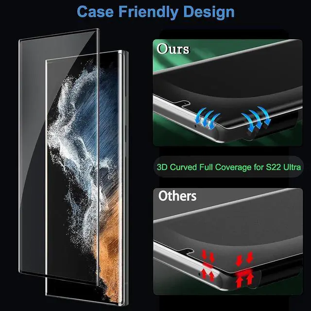 Alt view image 7 of 7 - 3 Pack HD Clear Tempered Glass Screen Protector for  Galaxy S22 Ultra 5G Fingerprint Unlock 3D Curved Scratch Resistant Bubble-Free