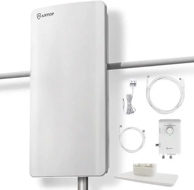 Main image of ANTOP HDTV  FM Amplified Antenna 85 Miles AT-800SBS with Dual Outputs Smart Boost System, Support TV and Second Device-FM Stereo, a Second TV or Any OTA-Ready Streaming Device or Projector