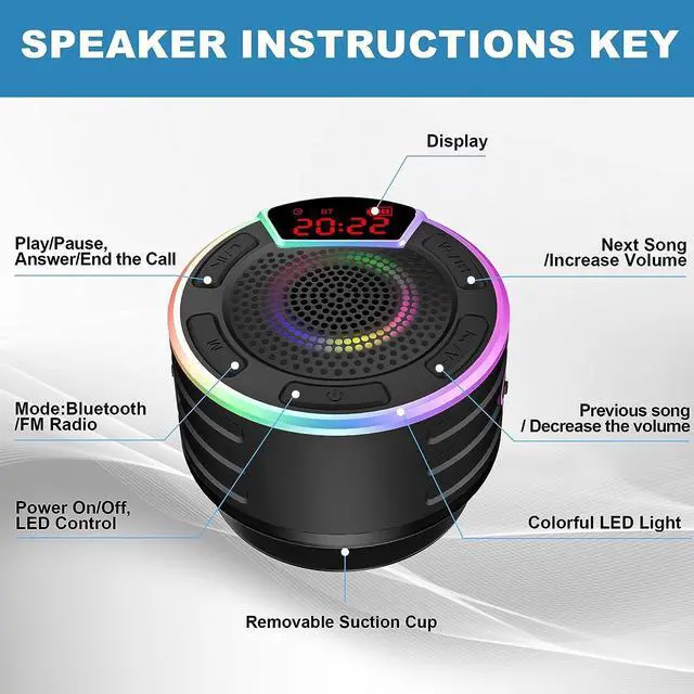 Alt view image 6 of 7 - BassPal Bluetooth Speakers, IPX7 Waterproof Shower Speaker, Portable Speaker with LED Display, FM Radio, Suction Cup, Light Show, Built-in Mic, Best Gifts for Pool Beach Home Party Travel Outdoors