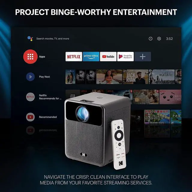 Alt view image 3 of 7 - KODAK FLIK HD10 Smart Projector with Android TV, 1080p Full HD Portable WiFi Bluetooth Projector, Netflix & YouTube, Google Assistant Remote, iOS & Android Mirroring