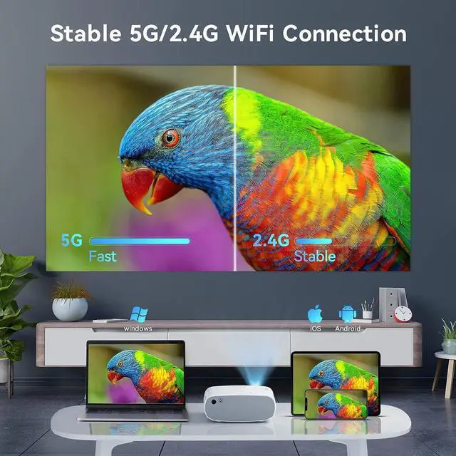 Alt view image 2 of 7 - Projector with WiFi and Bluetooth, 5G WiFi Mini Projector, Native1080P Portable Outdoor Projector with Remote Control, 9000Lux Movie Projector Compatible with Smartphone/TV Stick/PS4/Laptop/Switch