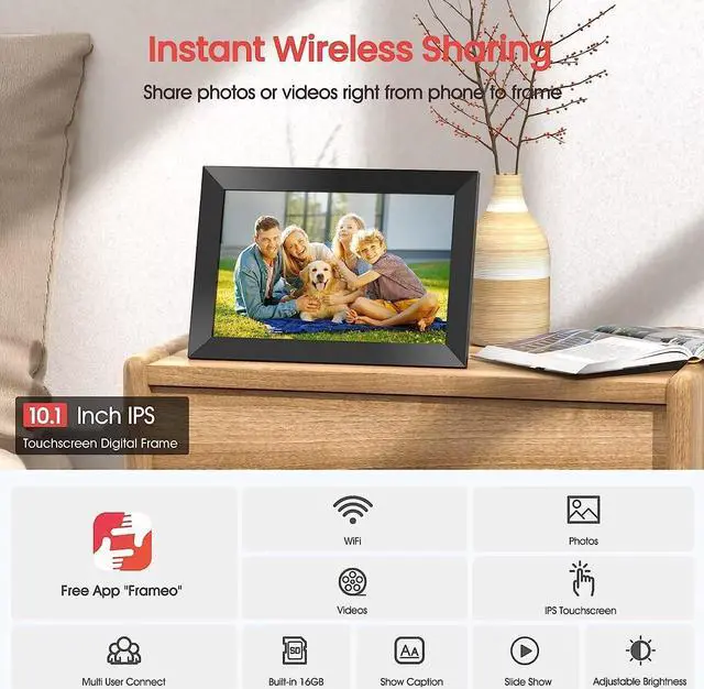 Alt view image 3 of 7 - Frameo 10.1 Inch WiFi Digital Picture Frame, 1280x800 HD IPS Touch Screen Photo Frame Electronic, 16GB Memory, Auto-Rotate, Wall Mountable, Share Photos/Videos Instantly via Frameo App from Anywhere
