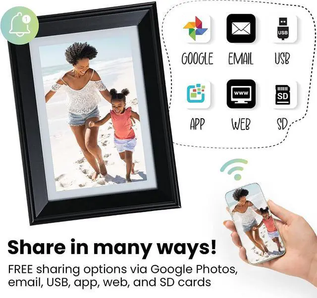 Alt view image 3 of 7 - PhotoSpring 10in WiFi Digital Picture Frame, Email Family Photos to The Frame, or by App, Web. Easy Touchscreen Setup, 1280x800 Display, Plays Videos, Black, Welcome to consult