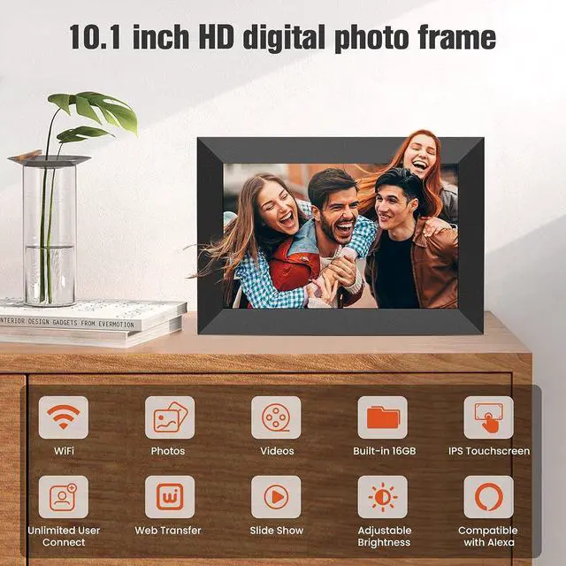 Alt view image 3 of 7 - BIGASUO 10.1 Inch WiFi Digital Picture Frame, IPS HD Touch Screen Cloud Smart Photo Frames with Built-in 16GB Memory, Wall Mountable, Auto-Rotate, Share Photos Instantly from Anywhere-Great Gift