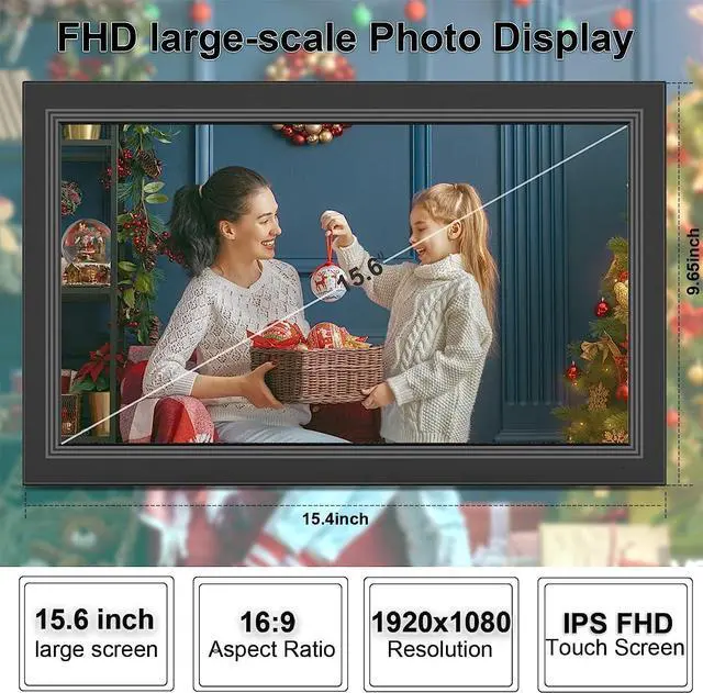 Alt view image 3 of 7 - FRAMEO Digital Picture Frame- 15.6inch Digital Photo Frame with 1920 * 1080 IPS Touch Screen HD Disply,Built-in 32GB Storage,Wall-Mounted,Digital Frame Share Photos and Videos via Free App