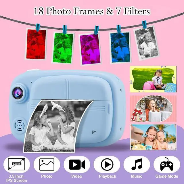 Alt view image 2 of 6 - Kids Instant Camera, Mijiaowatch 12MP/1080P Kids Digital Print Camera with 3.5 Inch Zero Ink Print Cameras for Kids 32GB TF Card, Video Photo Recorder 3 in 1 Gift Toys for Boys Girls Ages 3-14 (Blue)