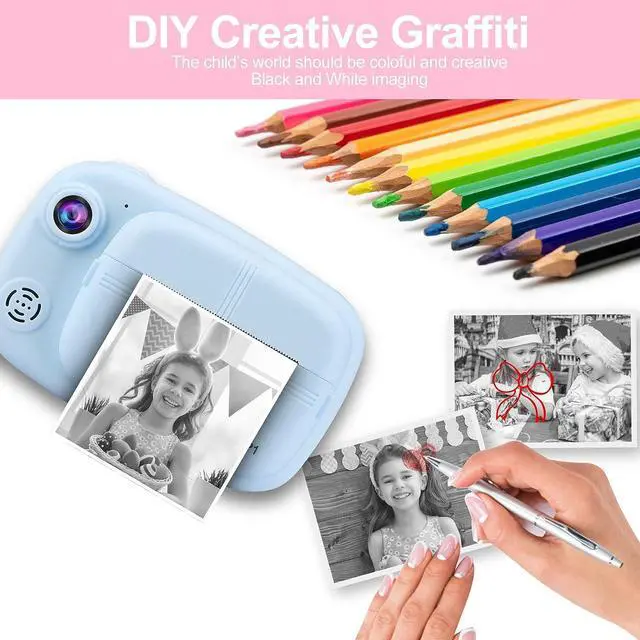Alt view image 5 of 6 - Kids Instant Camera, Mijiaowatch 12MP/1080P Kids Digital Print Camera with 3.5 Inch Zero Ink Print Cameras for Kids 32GB TF Card, Video Photo Recorder 3 in 1 Gift Toys for Boys Girls Ages 3-14 (Blue)