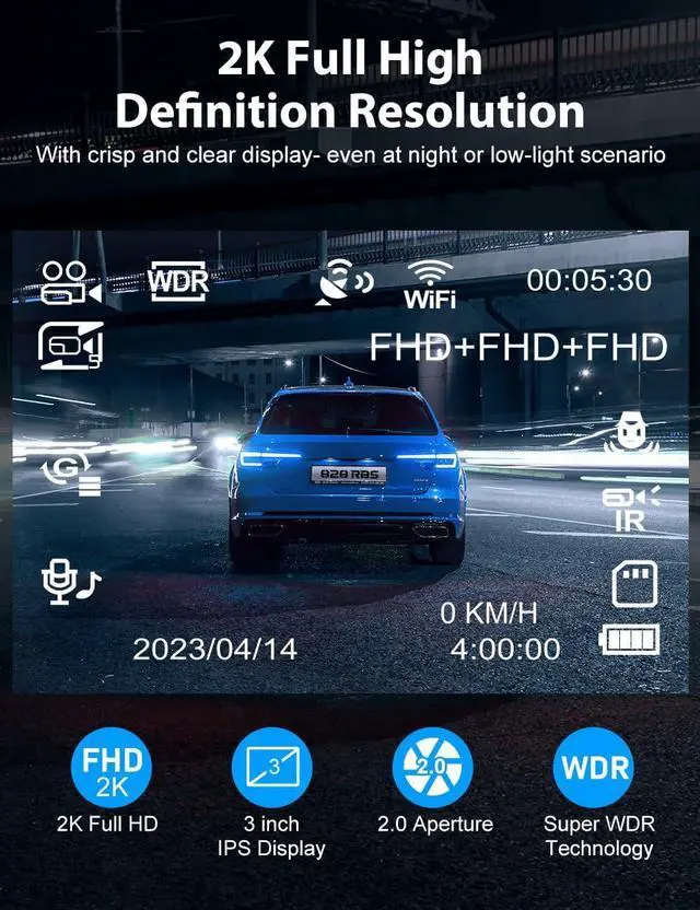 Alt view image 6 of 7 - Dash Cam, 3 Channel Dash Cam Built in WiFi GPS, 2K+1080P Dash Camera Front and Inside, 1080P+1080P+1080P Triple Dash Cam Front and Rear Inside with 32GB SD Card, G-Sensor, 24Hr Parking, Loop Recording