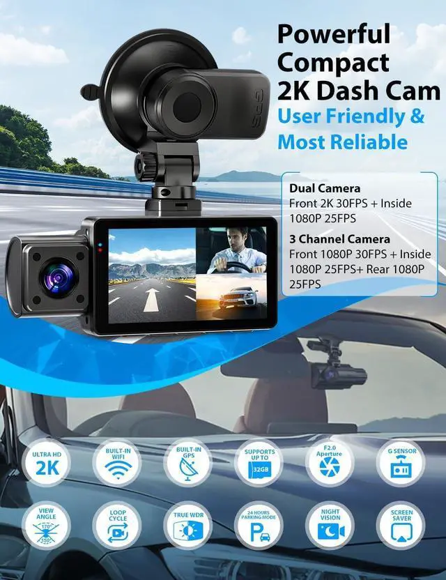 Alt view image 2 of 7 - Dash Cam, 3 Channel Dash Cam Built in WiFi GPS, 2K+1080P Dash Camera Front and Inside, 1080P+1080P+1080P Triple Dash Cam Front and Rear Inside with 32GB SD Card, G-Sensor, 24Hr Parking, Loop Recording