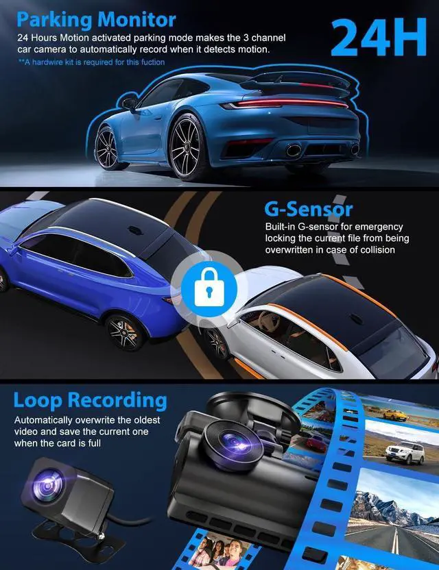 Alt view image 3 of 7 - Dash Cam, 3 Channel Dash Cam Built in WiFi GPS, 2K+1080P Dash Camera Front and Inside, 1080P+1080P+1080P Triple Dash Cam Front and Rear Inside with 32GB SD Card, G-Sensor, 24Hr Parking, Loop Recording