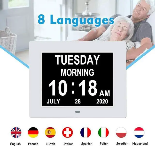 Alt view image 4 of 6 - ybest 7 Inch Extra Large Non-Abbreviated Day Date & Month Digital Day Calendar Clock with Auto-Dimming 8 Alarm Reminders Dementia Clocks for Senior Elderly impaired Vision, Welcome to consult