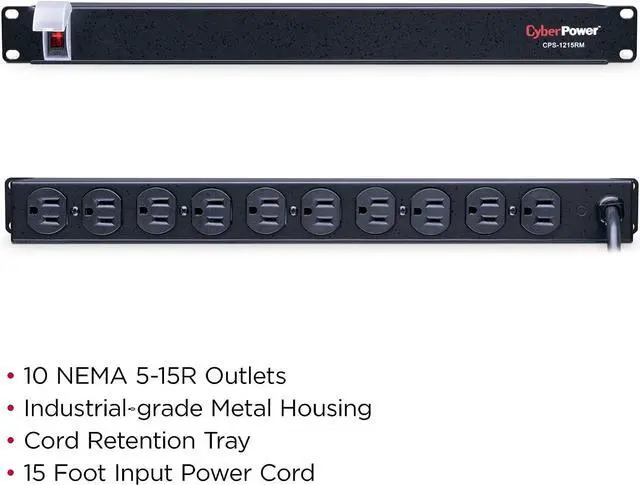 Alt view image 5 of 7 - CyberPower CPS1215RM Basic PDU, 100-125V/15A, 10 Outlets, 15ft Power Cord, 1U Rackmount