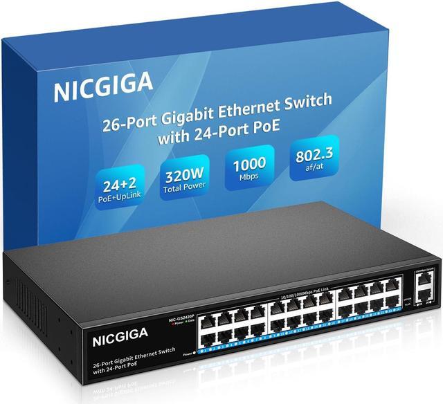 NICGIGA 26 Port Powered PoE Switch with 24 Ports 10/100Mbps, Gray store Metal - 400W