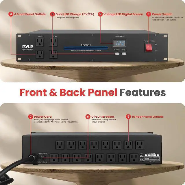 Alt view image 3 of 7 - PylePro PDU Power Strip Surge Protector - 3600 Watt 15 Amp 20 Outlet Heavy Duty Electric Extension Cord - 2U Rack Mount Power Conditioner w/ AC Filter - PCO885, Welcome to consult