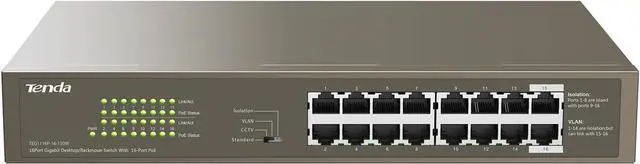 Main image of Tenda TEG1116P, 16 Port PoE Switch Gigabit with 16 x PoE+ @ 150W, Unmanaged Desktop/ Rackmount PoE Switch 16 Port, Plug & Play, Fan-less Metal Design, Easy Smart, Limited Lifetime Protection