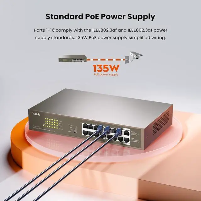 Alt view image 2 of 7 - Tenda TEG1116P, 16 Port PoE Switch Gigabit with 16 x PoE+ @ 150W, Unmanaged Desktop/ Rackmount PoE Switch 16 Port, Plug & Play, Fan-less Metal Design, Easy Smart, Limited Lifetime Protection
