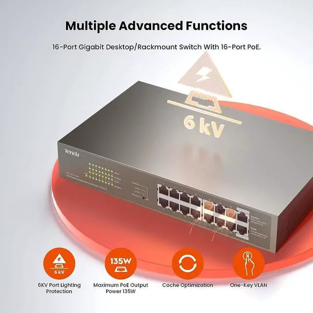 Alt view image 3 of 7 - Tenda TEG1116P, 16 Port PoE Switch Gigabit with 16 x PoE+ @ 150W, Unmanaged Desktop/ Rackmount PoE Switch 16 Port, Plug & Play, Fan-less Metal Design, Easy Smart, Limited Lifetime Protection
