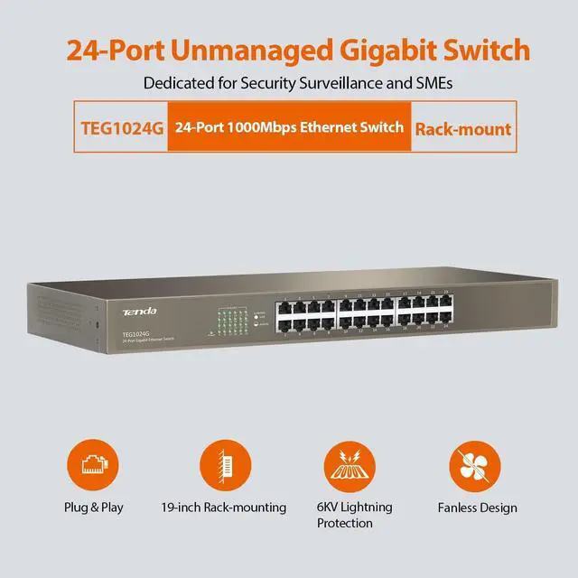 Alt view image 2 of 7 - Tenda TEG1024G, 24 Port Gigabit Ethernet Unmanaged Switch, Network Hub, Ethernet Splitter, Plug & Play, Fanless Metal Design, Flexible Mounting, Limited Lifetime Protection
