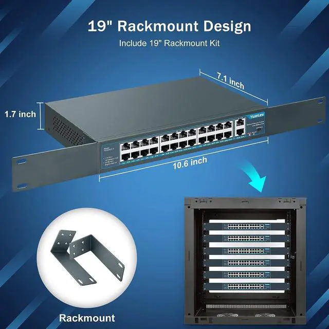 Alt view image 5 of 7 - Yuanley 24 Port PoE Switch with 2 Gigabit Ethernet Uplink Port, Unmanaged 26 Port 802.3af/at 400W Power PoE+ Network Switch, Rackmount Plug and Play