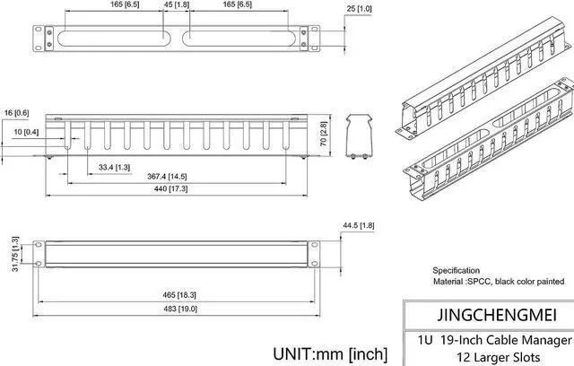 Alt view image 7 of 7 - All Metal 1U 19" Server Rack Cable Manager 12 Larger Slots | Horizontal Rack Mount Wire Management System (AHMMA1U12S, Black)