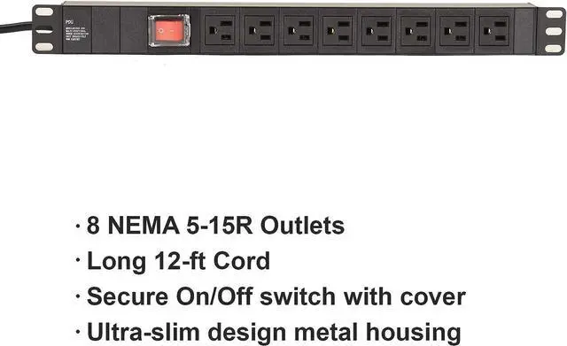 Alt view image 5 of 6 - Rack Mount Server Network PDU Power Strip, 8 Outlets, 12 ft. Cord, 15A, 1U Rack-Mount Metal Slim Design