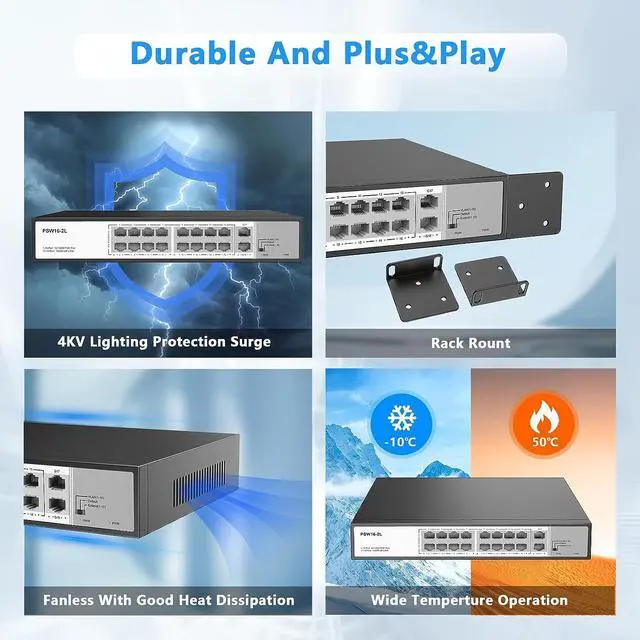 Alt view image 4 of 7 - Real HD 16 Port PoE Switch, High Power 300W, 16 PoE+ 100Mbps Ports with 2 Gigabit Uplink Ethernet Ports, Unmanaged Plug and Play, Each Port Up to 30W, 802.3af/at Compliant, Rack Mount