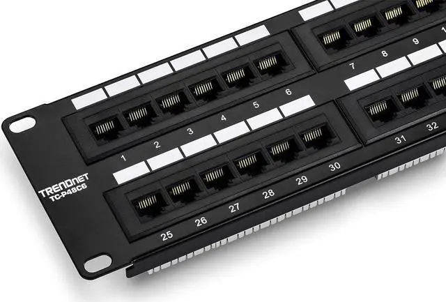 Main image of 48-Port Cat6 Unshielded Patch Panel, Wallmount or Rackmount, Compatible with Cat3,4,5,5e,6 Cabling, for Ethernet, Fast Ethernet, Gigabit Applications, Black, TC-P48C6