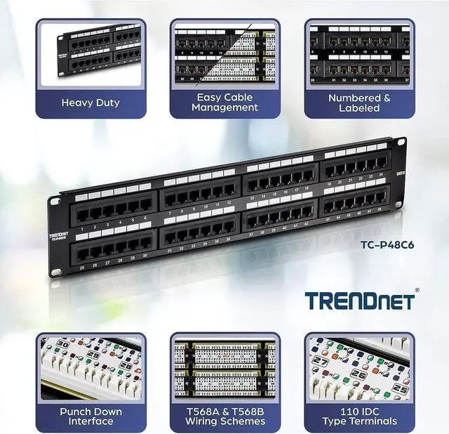Alt view image 2 of 7 - 48-Port Cat6 Unshielded Patch Panel, Wallmount or Rackmount, Compatible with Cat3,4,5,5e,6 Cabling, for Ethernet, Fast Ethernet, Gigabit Applications, Black, TC-P48C6