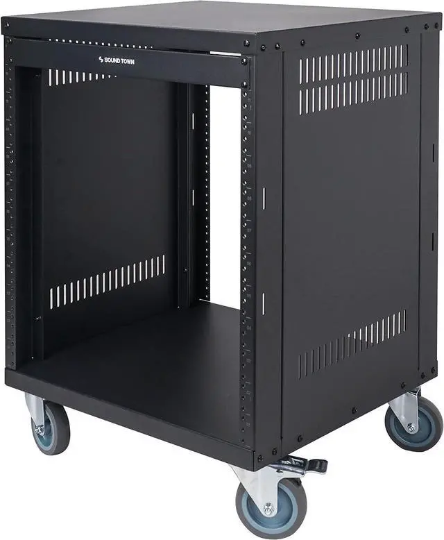 Alt view image 3 of 6 - Sound Town 12U Universal Steel Rack, w/ 3" Locking Casters, Vented Side Panels for Audio Video, Server and Network Equipment (STRK-M12U)