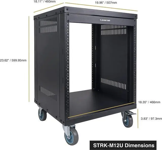 Alt view image 5 of 6 - Sound Town 12U Universal Steel Rack, w/ 3" Locking Casters, Vented Side Panels for Audio Video, Server and Network Equipment (STRK-M12U)