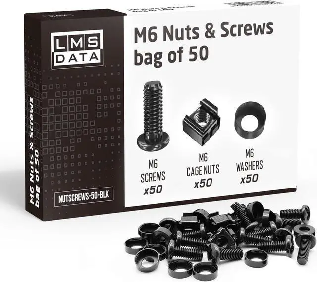 Main image of LMS Data M6 Cage Nuts and Screws - Panel Rack Mount Equipment for Rack Mount Server 19x10 inch Cabinet, Patch Panel, Server Shelves Fixing and Installation - Black 50-Pack Rack Screws and Cage Nuts