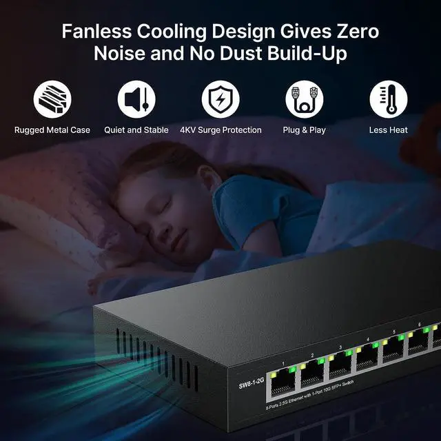 Alt view image 4 of 6 - Real HD 8 Port 2.5G Ethernet Switch Unmanaged Network Switch with 8 x 2.5 Gigabit | 1 x 10G SFP+ | Work with 10-100-1000Mbps Devices | 60G Bandwidth | Plug & Play | Fanless Quiet Metal Internet Switch