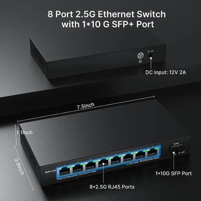 Alt view image 3 of 6 - Real HD 8 Port 2.5G Ethernet Switch Unmanaged Network Switch with 8 x 2.5 Gigabit | 1 x 10G SFP+ | Work with 10-100-1000Mbps Devices | 60G Bandwidth | Plug & Play | Fanless Quiet Metal Internet Switch