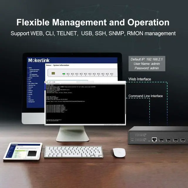 Alt view image 5 of 7 - MokerLink 12 Port 10Gbps SFP+ Managed Switch, Support 1G SFP and 10G SFP+, 240Gbps Bandwidth L3 Managed Fiber Switch