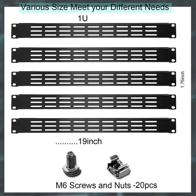 Alt view image 2 of 7 - 1U 2U 3U Blank Rack Mount Panel, Spacer Black Rack Mount Cover Support bar for Enclosure Network Cabinet Cable Management Bar Slot (Vented 1U 5PCS)