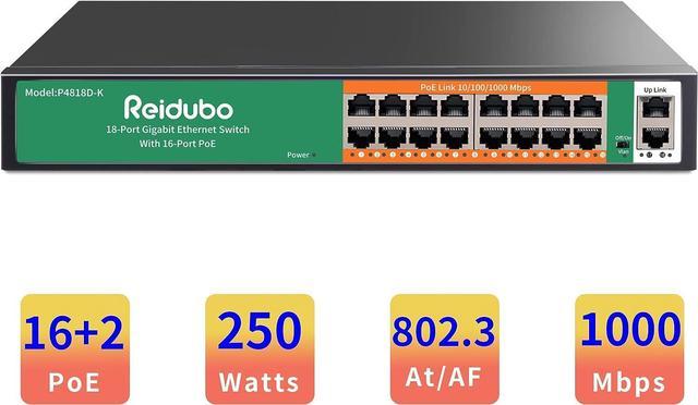Reidubo 18 Ports Ethernet Gigabit PoE Switch,16 Port PoE Network Switch  with 2 Uplink Gigabit Ports, 250W, Unmanaged, 19-inch Rackmount, Fanless  Quiet Operation, Compatible with AP WiFi6, PoE Cameras 