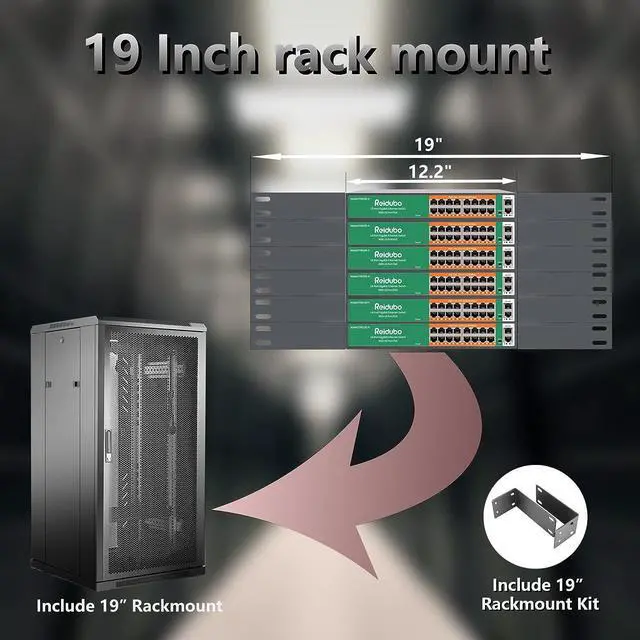 Alt view image 6 of 7 - Reidubo 18 Ports Ethernet Gigabit PoE Switch,16 Port PoE Network Switch with 2 Uplink Gigabit Ports, 250W, Unmanaged, 19-inch Rackmount, Fanless Quiet Operation, Compatible with AP WiFi6, PoE Cameras